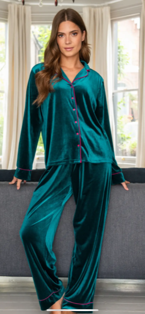 Velour Contrast Trim Pyjama Set - Teal/Pink, La Jolie Femme, Bra Fitting  Specialists